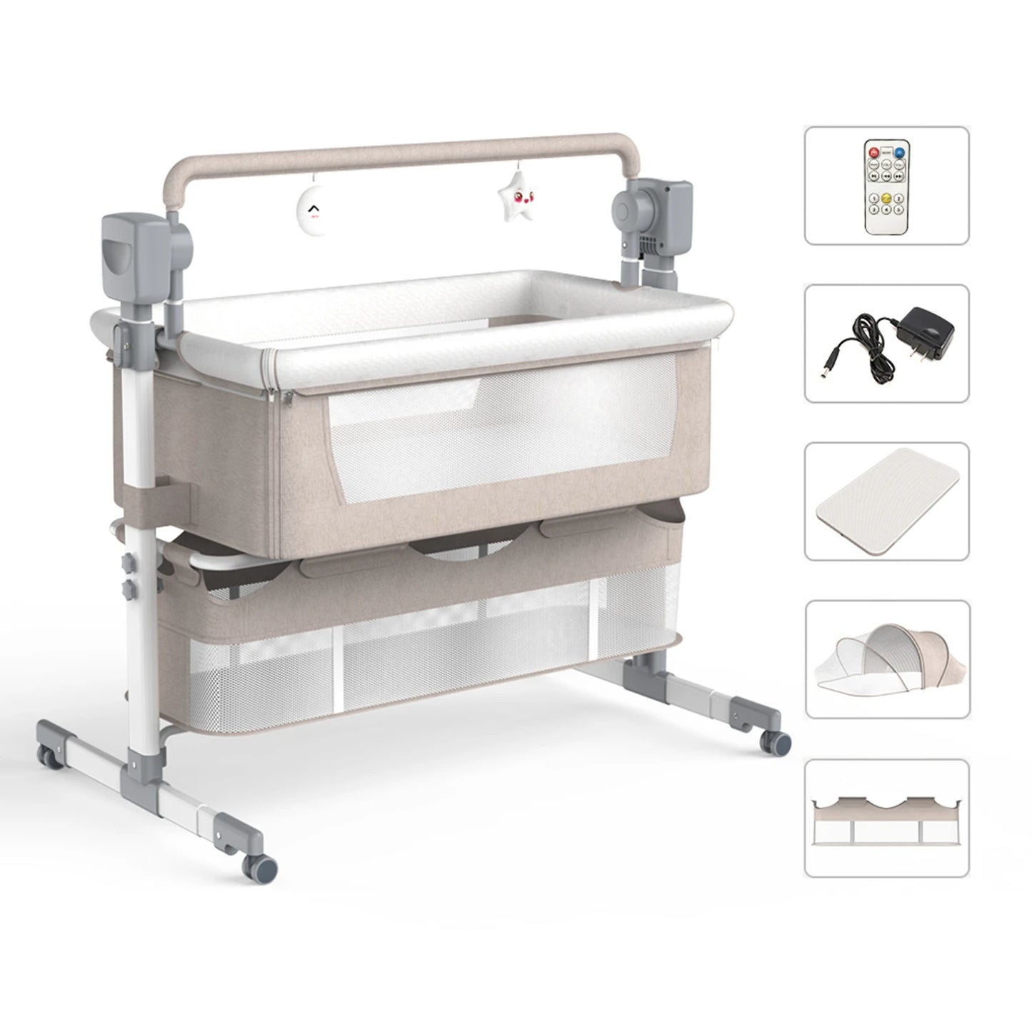 Bassinet for Baby, Automatic Rocking Bassinet with Remote, Wheels, Newborn Bedside Sleeper, Co-sleeper suit 0-6M, Travel Baby Cribs