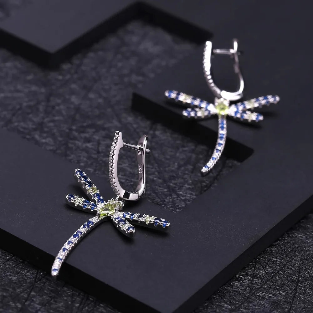 GEM'S BALLET Natural Peridot Dragonfly Earrings 925 Sterling Sliver Vintage Gothic Punk Drop Earrings For Women Party Jewelry
