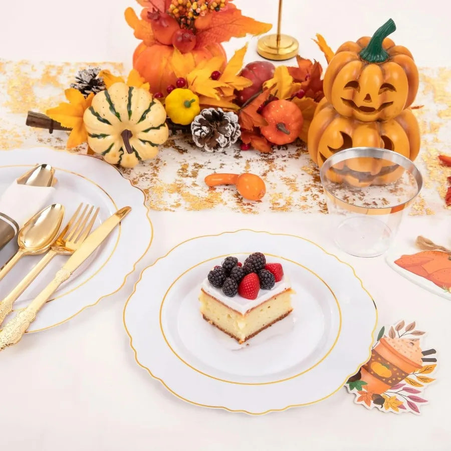 350PCS Gold Plastic Plates-Disposable White and Gold Plates 50guest Baroque Plastic Dinnerware include 100Plates, 50Pack Pre Rol