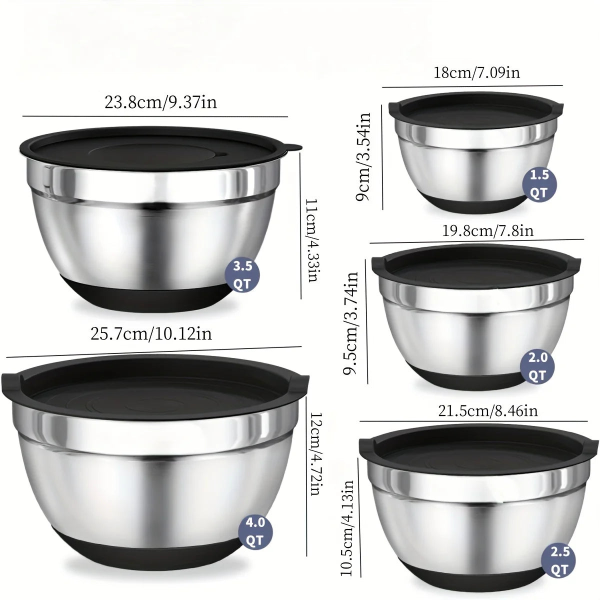 8pcs Mixing Bowls with Airtight Lids Stainless Steel Mixing Bowl Set, Attachments Bottoms, Black Kitchen Bowls, Baking Serving