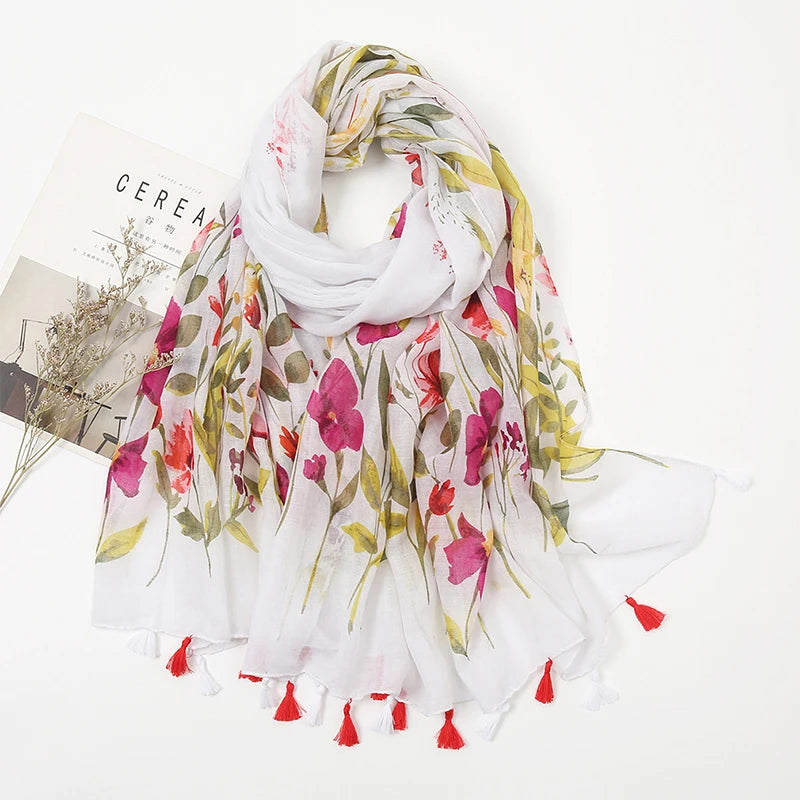 Womens Fashion Print Scarf Wrap Shawls Retro Soft Floral Tassel Scarves