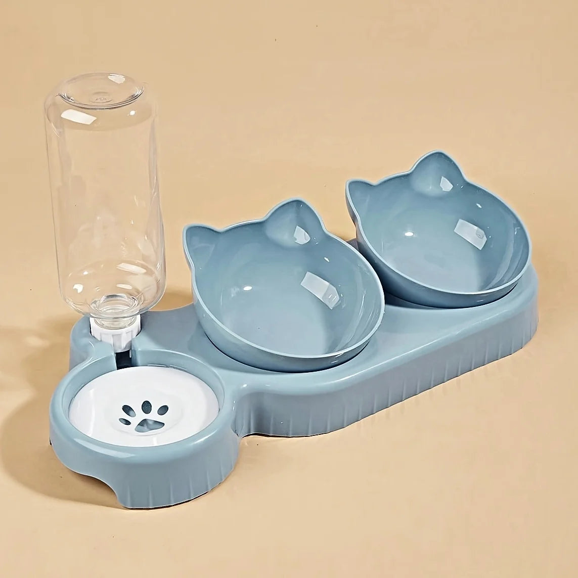 Pet Bowls With Water Feeder, 3 In 1 Cat Ear Design Tilted Cat Water And Food Bowl Set With Gravity Water Bottle For Continuous Dispensing