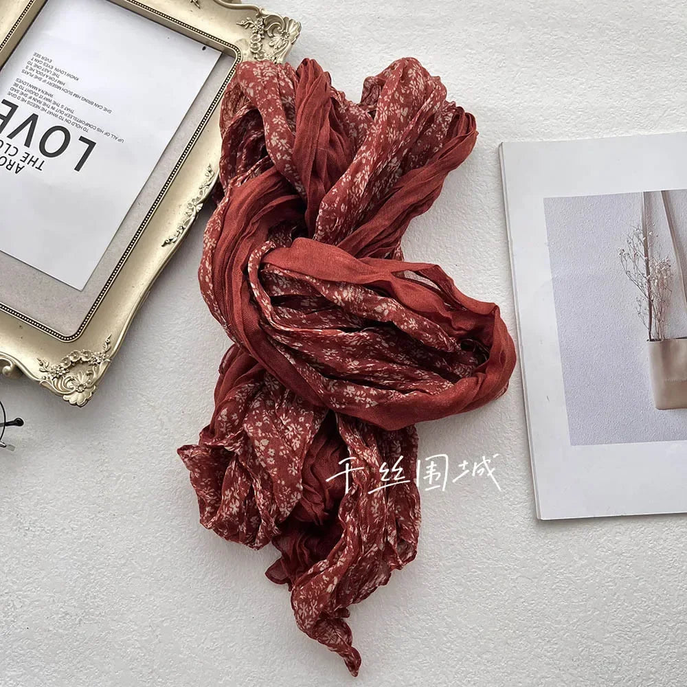 New Artistic Floral Retro Pleated Cotton Linen Scarf Thin Versatile Women's Scarves Paired Clothing Autumn Winter Fashion Trend
