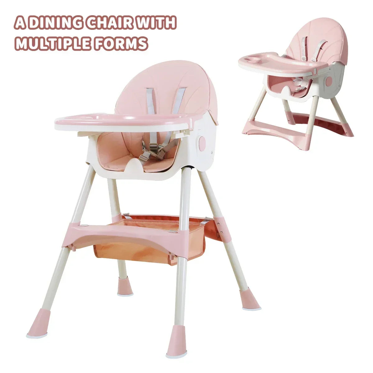 Foldable children's feeding chair, with multi-adjustable backrest, Can switch between high and low, Lightweight baby high chair