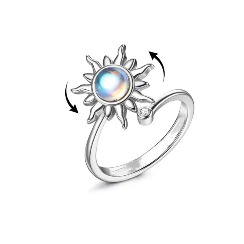 Sunflower Crystal Anxiety Relief Spinning Fidget Ring For Girls Rotate Freely Metal Copper Knuckle Ring Women'S Jewelry Gifts