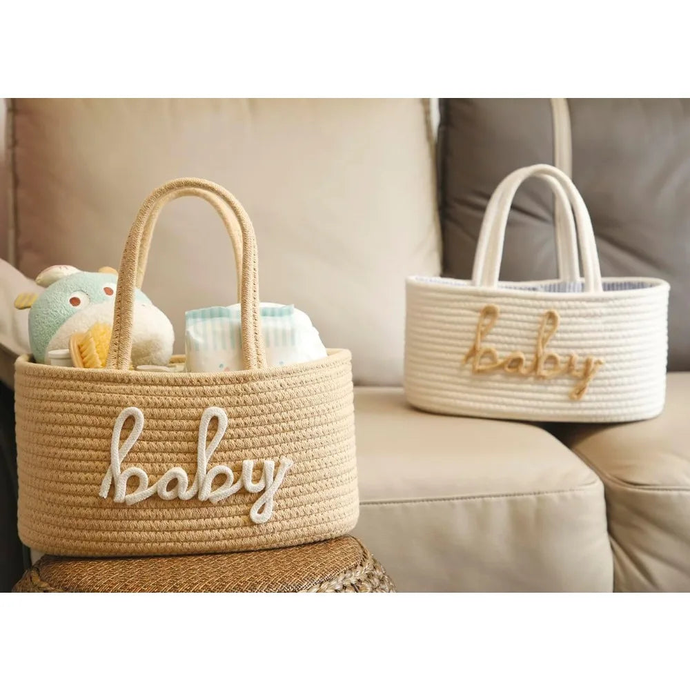 baby diaper caddy organizer, nursery storage bin basket for baby shower and baby wipes- cotton rope portable diaper bag for changing