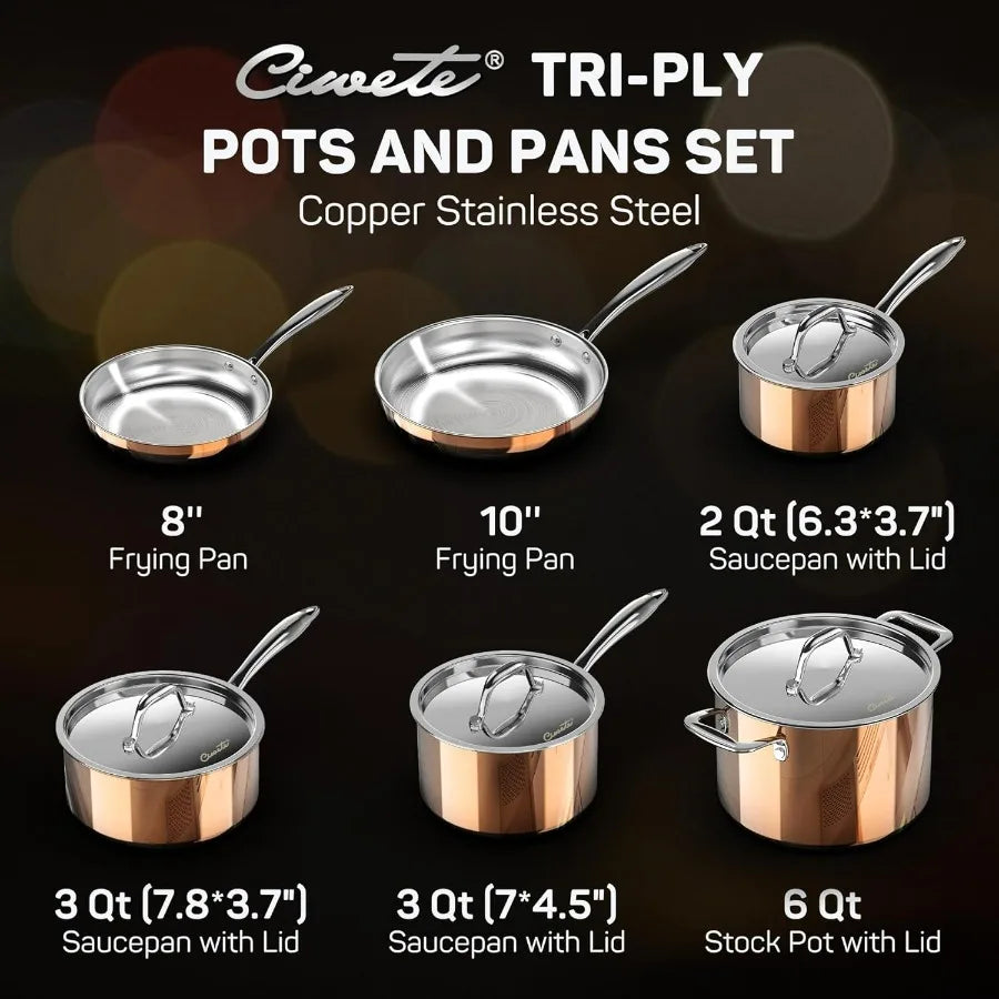 Whole 3 ply 18 10 Stainless Steel Pot and Pan Set 10 Piece Copper Pots and Pans Set with Stainless Steel Lid Induction Cookwar