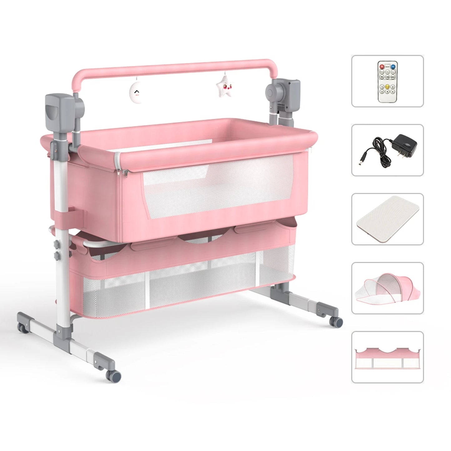 Bassinet for Baby, Automatic Rocking Bassinet with Remote, Wheels, Newborn Bedside Sleeper, Co-sleeper suit 0-6M, Travel Baby Cribs