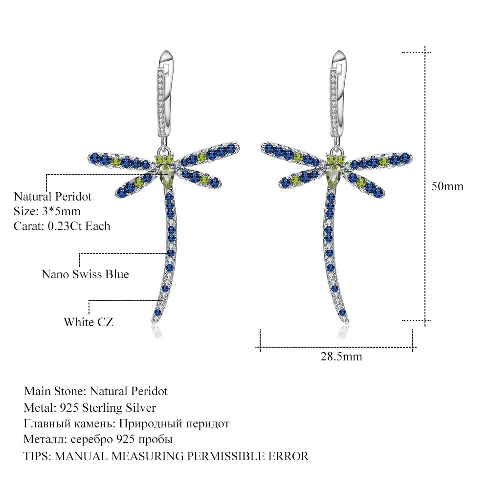 GEM'S BALLET Natural Peridot Dragonfly Earrings 925 Sterling Sliver Vintage Gothic Punk Drop Earrings For Women Party Jewelry