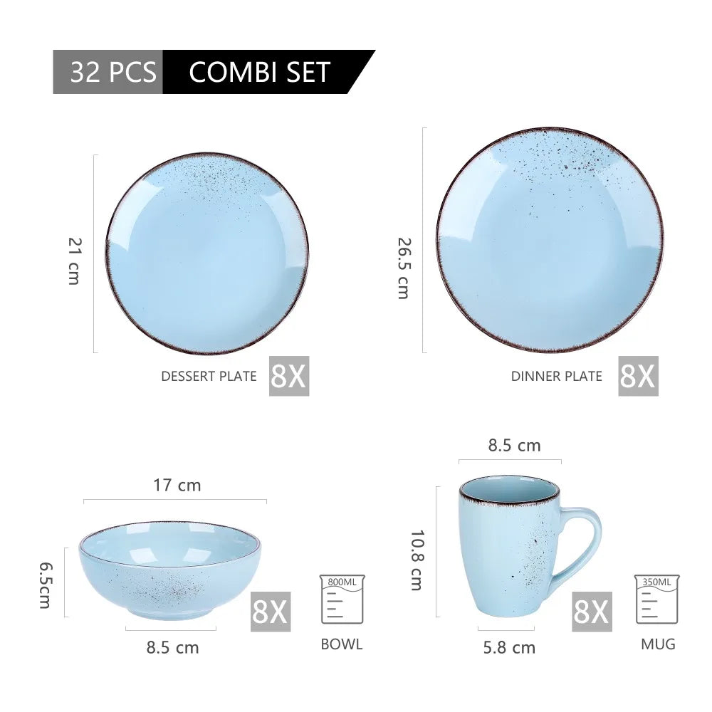 Vancasso Navia Oceano Blue 32-Piece Ceramic Stoneware Dinner Plates Set with 8 pieces Dinner Plate, Dessert, Bowls and Mugs