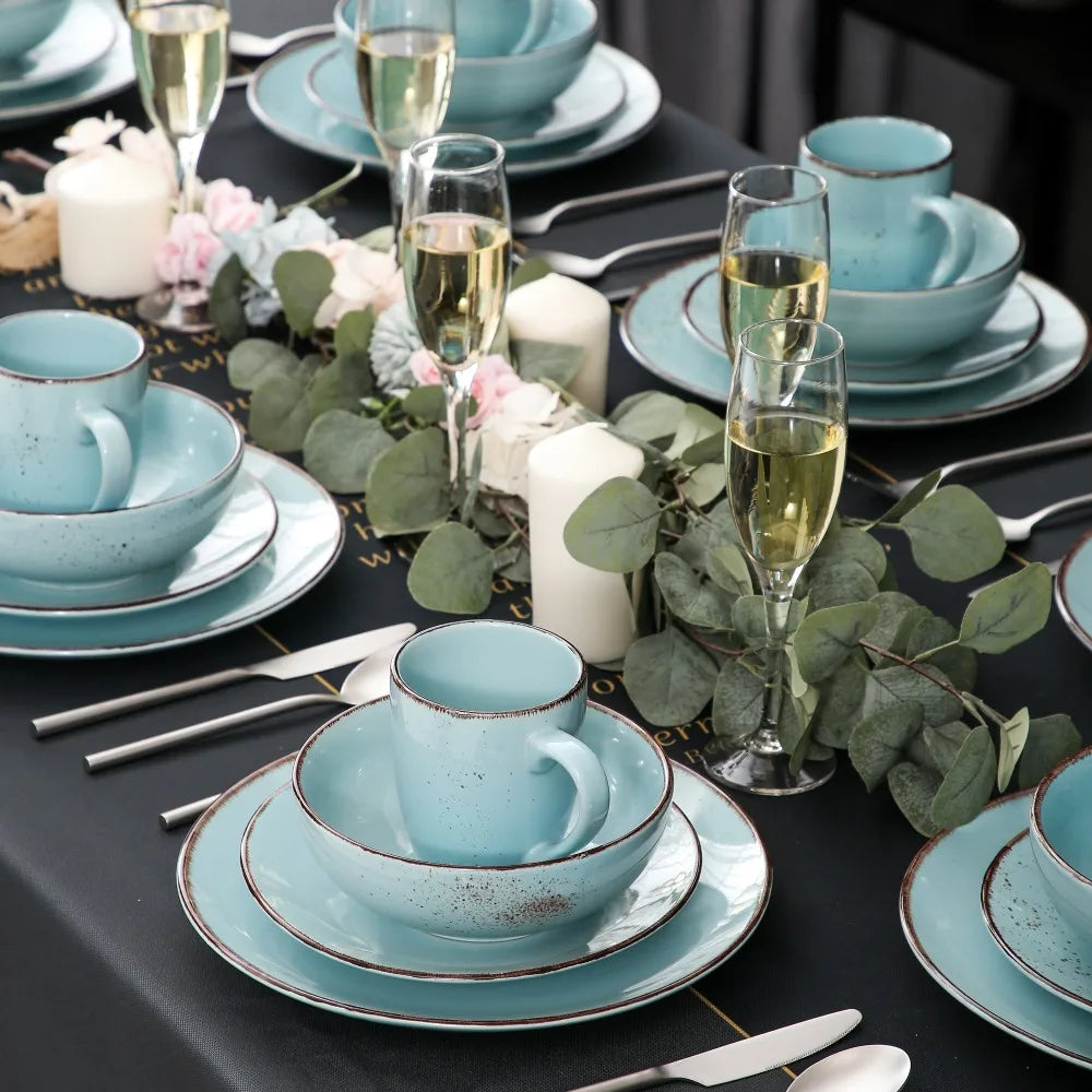 Vancasso Navia Oceano Blue 32-Piece Ceramic Stoneware Dinner Plates Set with 8 pieces Dinner Plate, Dessert, Bowls and Mugs