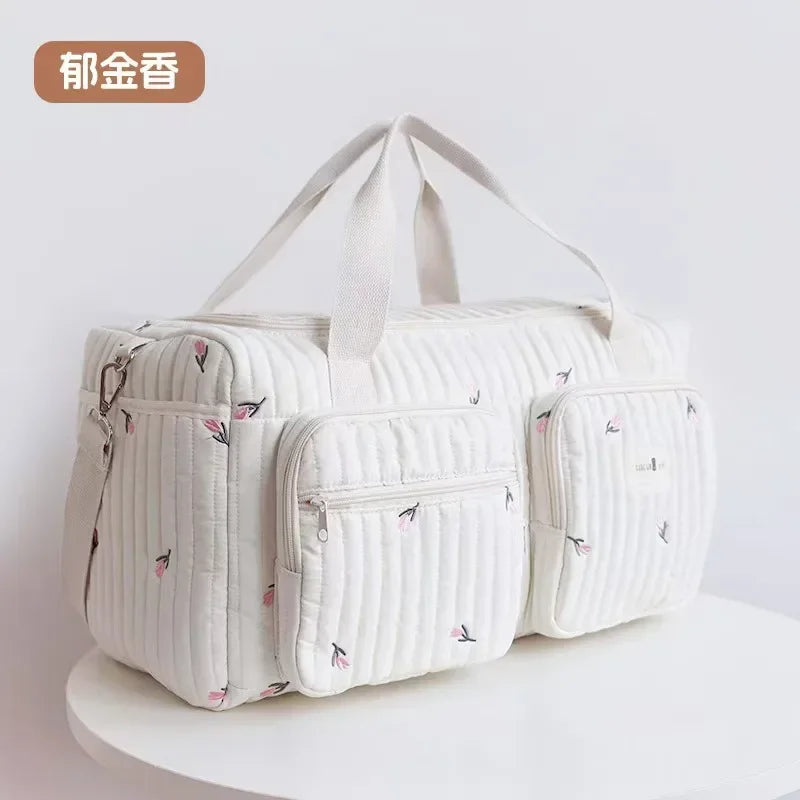 Baby Diaper Bag Cute Bear Flower Embroidery Pattern Mommy Bag Baby Beige Cotton Fabric Zipper Diaper Handbag Luggage Bag