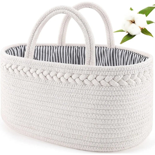 baby diaper caddy, nursery storage bin and car organizer for diapers and baby wipes, cotton rope diaper basket caddy, changing