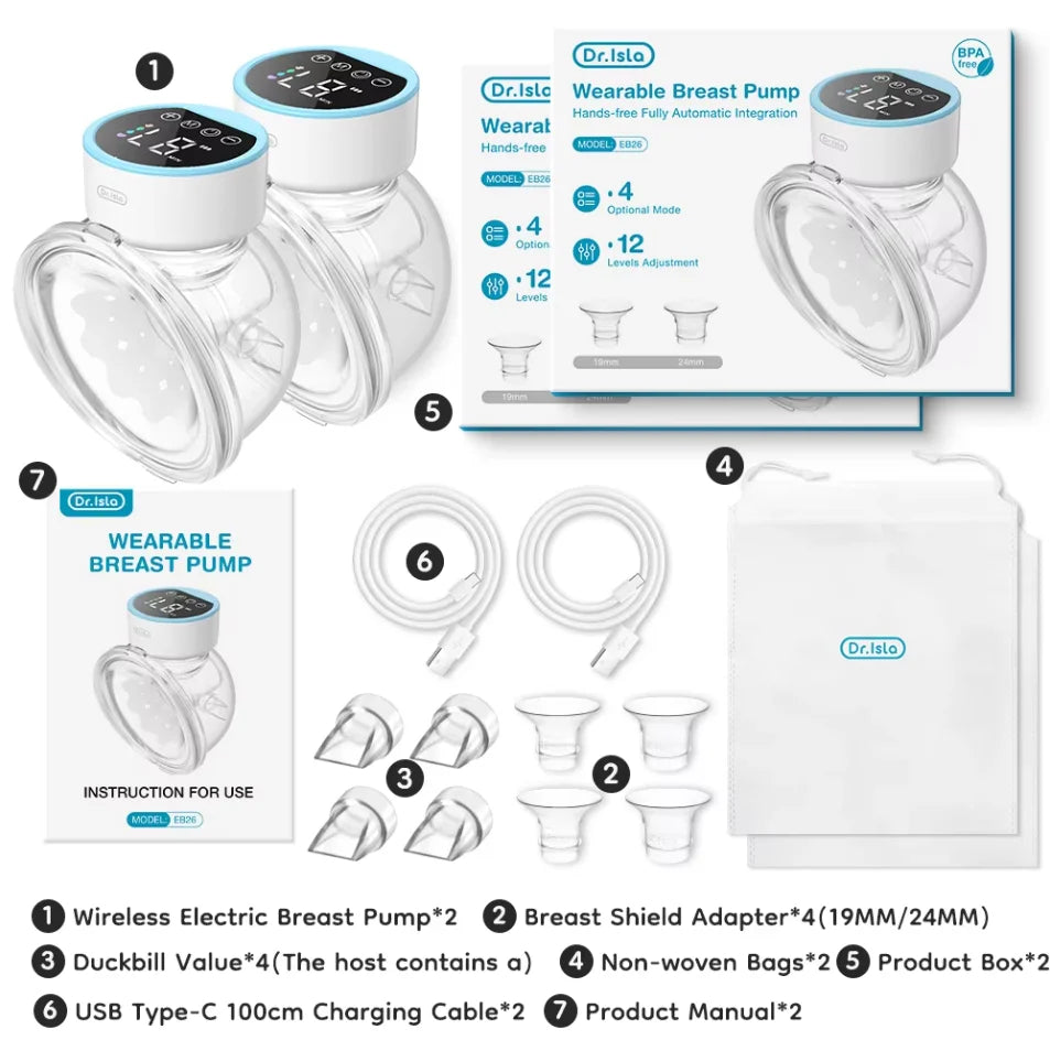 MAMIJOY 2PCS Wearable Electric Breast Pumps 40dB Low Noise 4 Modes＆12 Levels Hands Free Breast Pump Free 19/24mm Flange EB26D