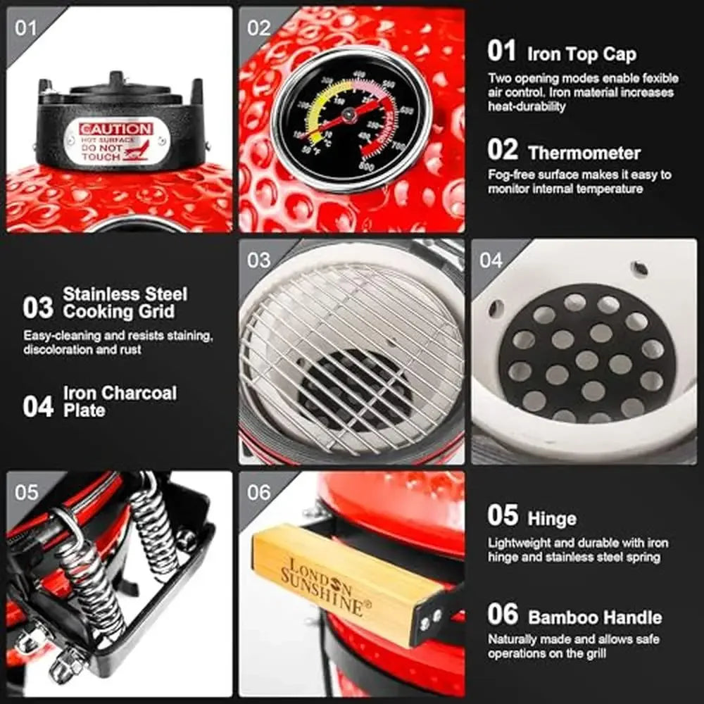 Portable Ceramic BBQ Kamado Grill 13 inch with Thermometer and Bamboo Handles Easy Assembly Smoking Baking and Grilling Ideal