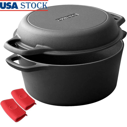 2-in-1 Pre-Seasoned Cast Iron Dutch Oven with Skillet Lid Cookware Set Cast Iron Cooking Pot with Handles