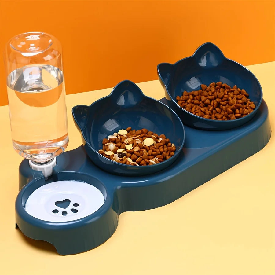 Pet Bowls With Water Feeder, 3 In 1 Cat Ear Design Tilted Cat Water And Food Bowl Set With Gravity Water Bottle For Continuous Dispensing