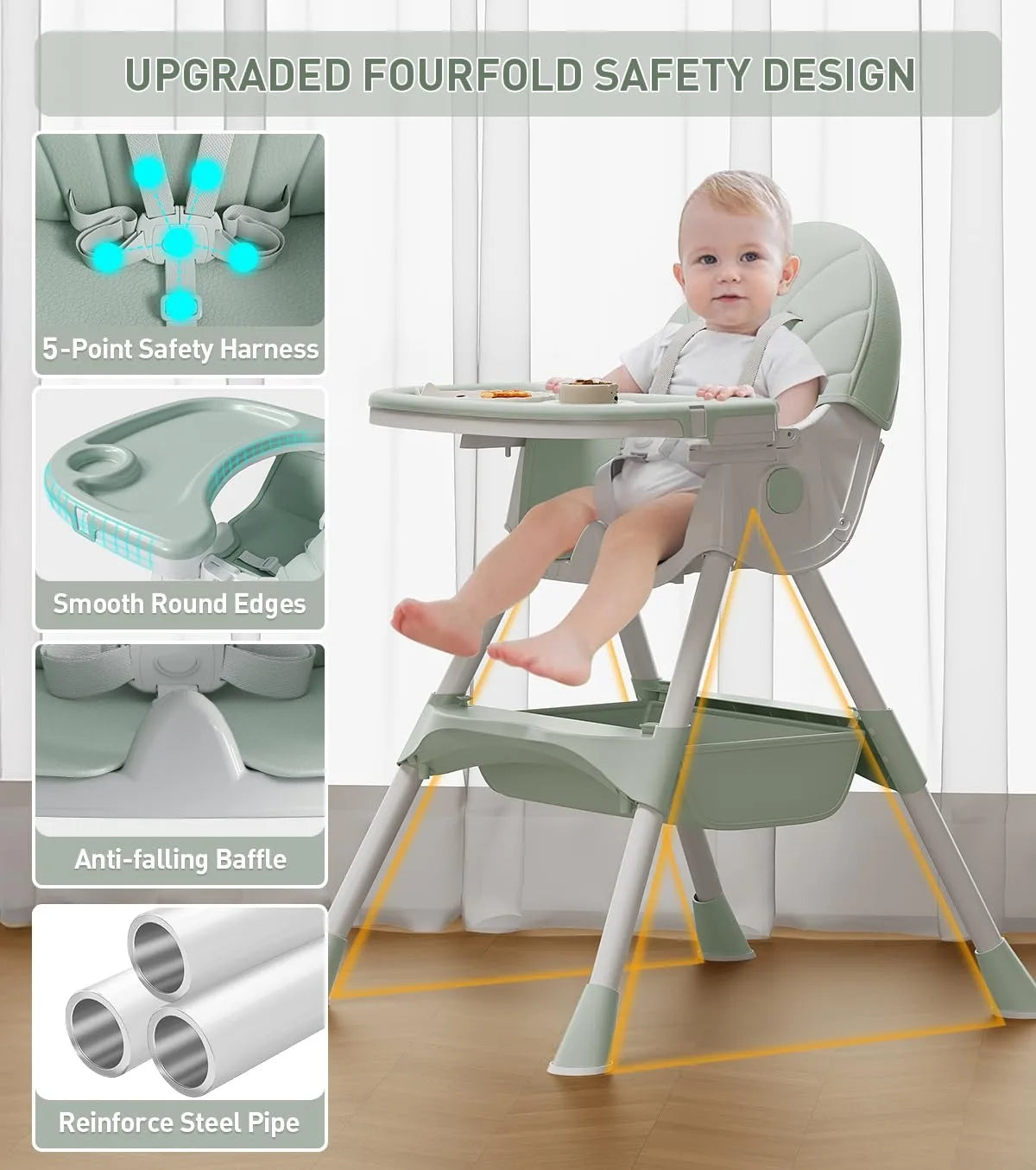Foldable children's feeding chair, with multi-adjustable backrest, Can switch between high and low, Lightweight baby high chair