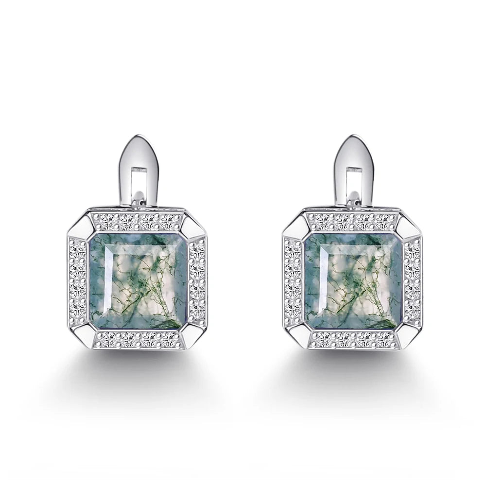 GEM'S BALLET 3.77Ct Natural Moss Agate Gemstone Clip Earrings 925 Sterling Silver Fine Jewelry Earrings For Women