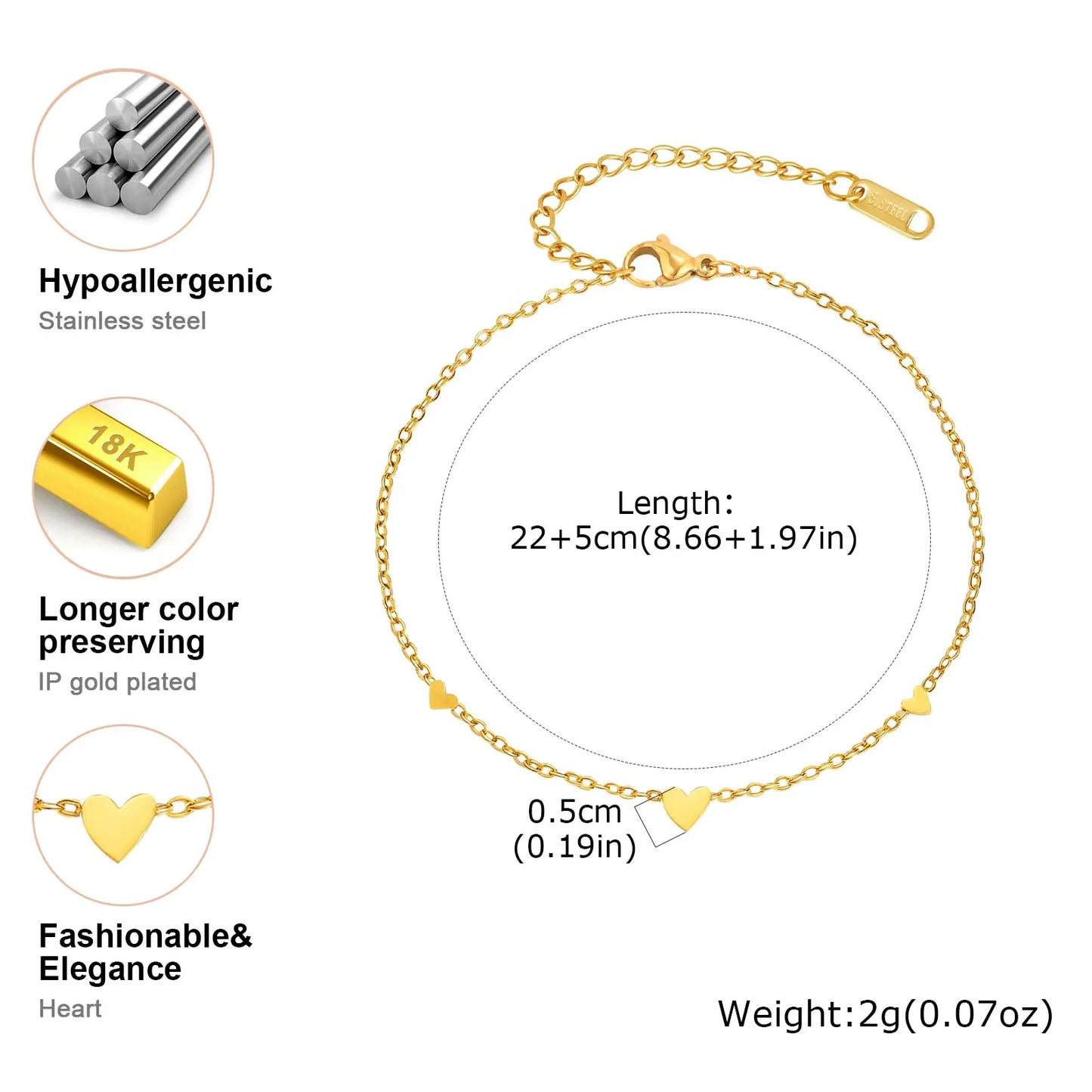 Stainless Steel Heart Anklets for Women, Gold Plated Delicate Anklet Bracelet, Light Luxury Foot Jewelry Party Gifts for Girl