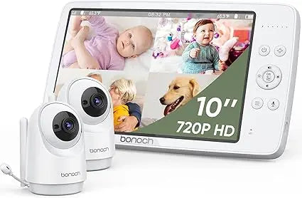 MegaView Baby Monitor, 10" Video Monitor with 2 Cameras, 10000mAh Battery, Quad Split Screen Baby Monitor with Camera and Audio