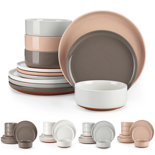 MALACASA TARA 12/24 Pcs Dinnerware Set Curved Edge Sesame Glaze Stoneware Plates Set With 4/6pcs Dinner Plate/Dessert/Bowl