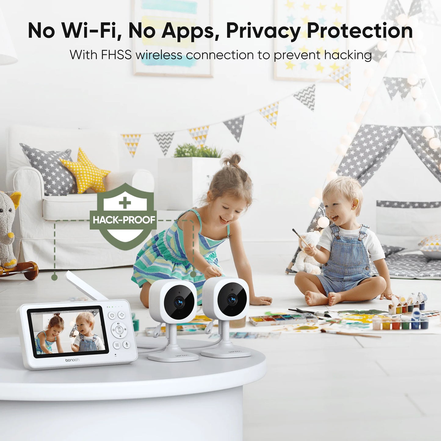 bonoch 4.3" Baby Monitor with 2 720p Video LCD Display Cameras with 23 Hour Battery, VOX Mode, 2-Way Audio, Auto Night Vision