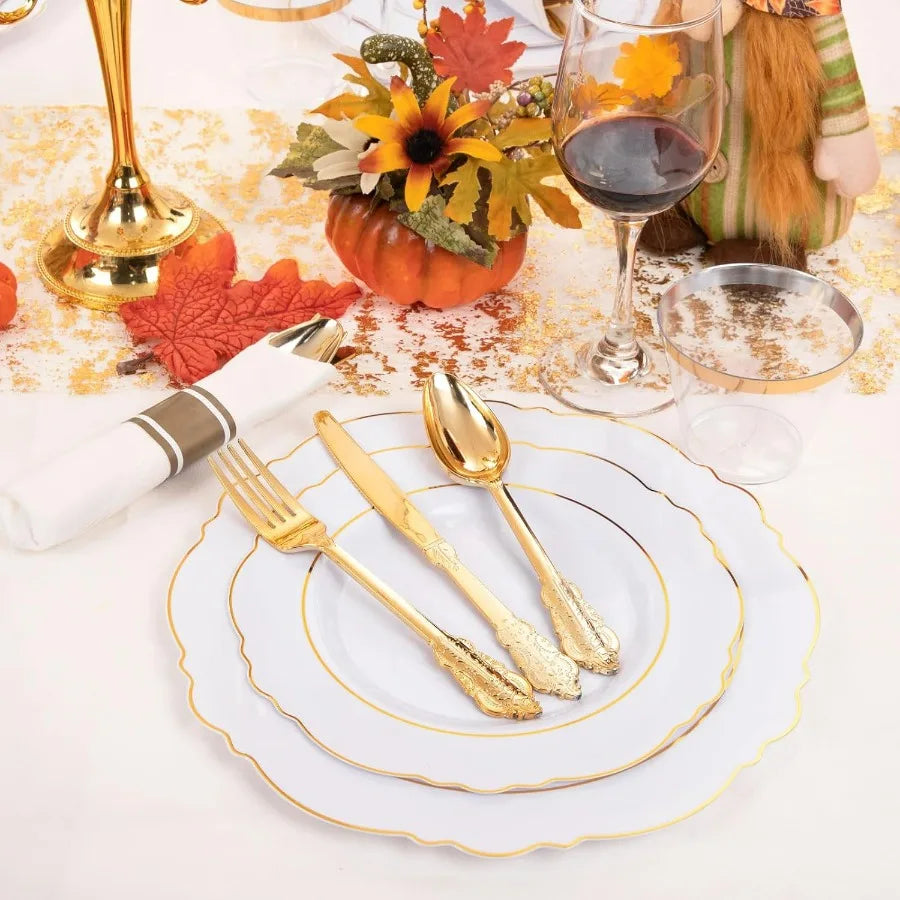 350PCS Gold Plastic Plates-Disposable White and Gold Plates 50guest Baroque Plastic Dinnerware include 100Plates, 50Pack Pre Rol