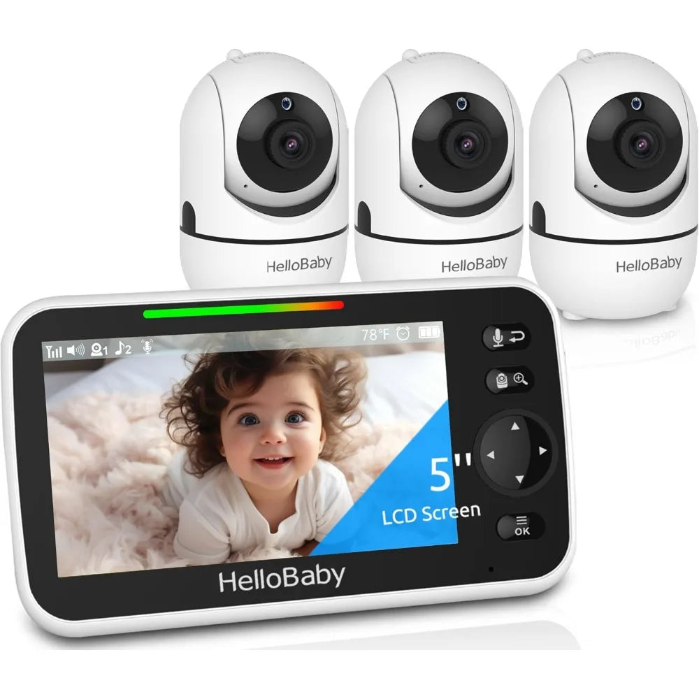 HB6550 5" Baby Monitor 3 Cameras, 30-Hour Battery, Pan-Tilt-Zoom,1000ft Range Video Audio Baby Monitor No WiFi, ECO, Night Visi