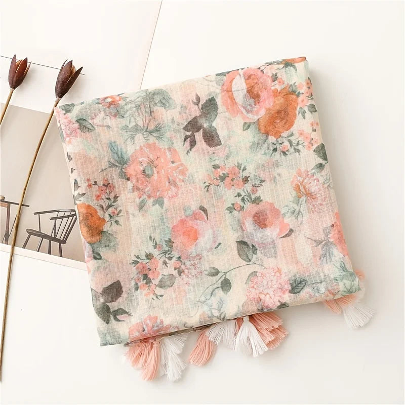 2025 Floral Designer Women Scarf Luxury Cotton Linen Feeling Big Long Scarves Shawl Warm Gauze Wraps Tassel