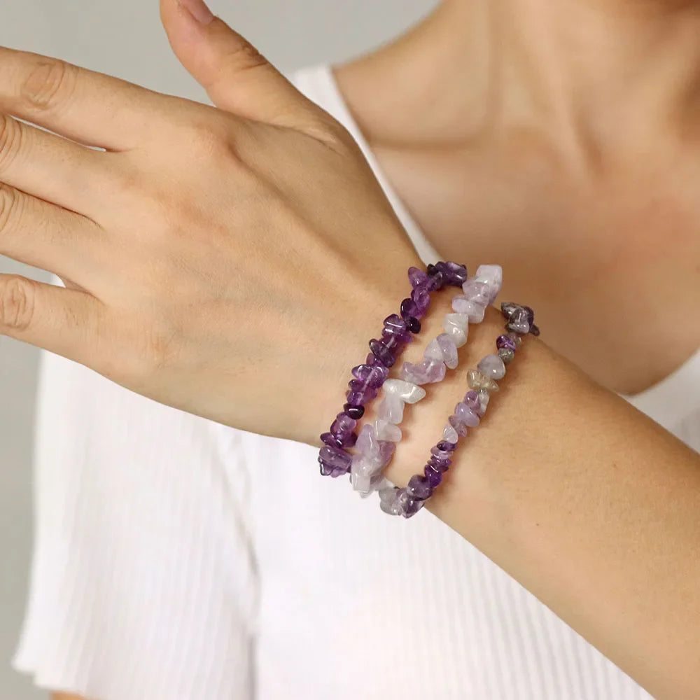 3pcs/set Natural Crystal Gem Stone Bracelet 5-8mm Irregular Amethysts Aquamarine Chips Beads Bracelets Women Men Elastic Jewelry