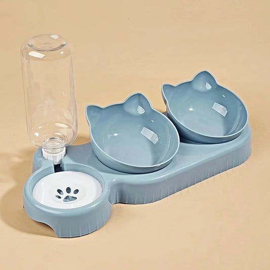 Pet Bowls With Water Feeder, 3 In 1 Cat Ear Design Tilted Cat Water And Food Bowl Set With Gravity Water Bottle For Continuous Dispensing