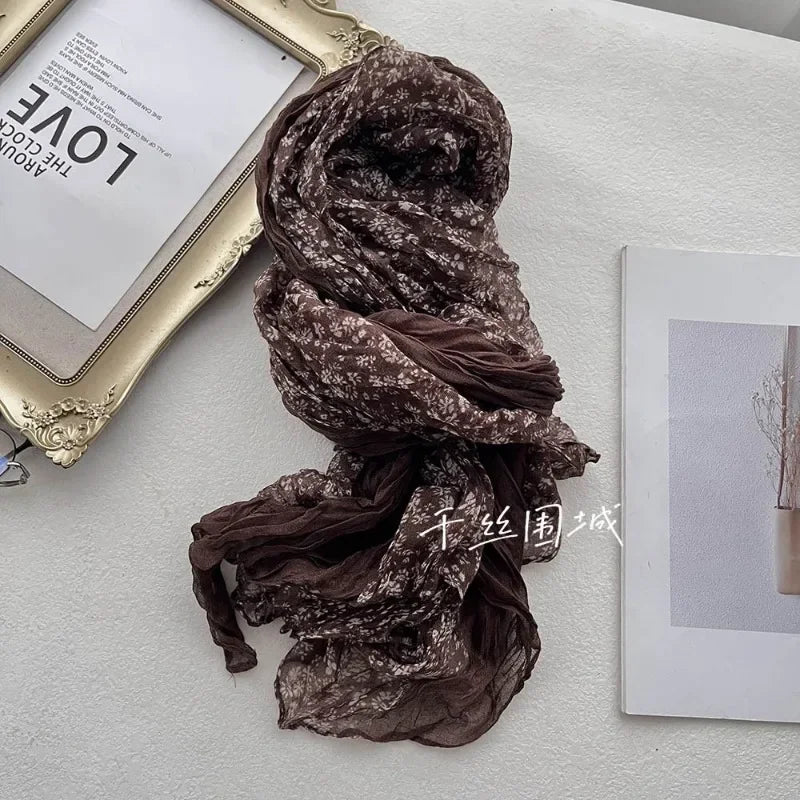 New Artistic Floral Retro Pleated Cotton Linen Scarf Thin Versatile Women's Scarves Paired Clothing Autumn Winter Fashion Trend