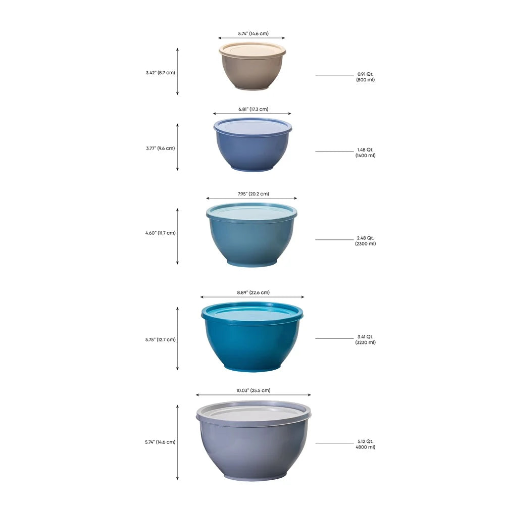 Nonslip Mixing Bowl Set 10 Pieces with Lids Assorted Colors Nesting Durable BPA Free Plastic Kitchen Prep Dishwasher Safe