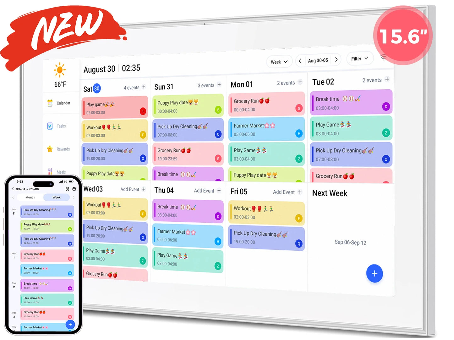 15.6 Inch Smart Digital Calendar Planner & Chore Chart, IPS HD Touch Screen Display for Family Schedules