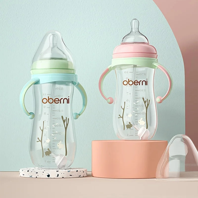 Baby Bottle with Handle, Anti-Drop Soft Nipple Water Formula Milk Feeding Sippy Bottle for Infants Toddlers Newborn