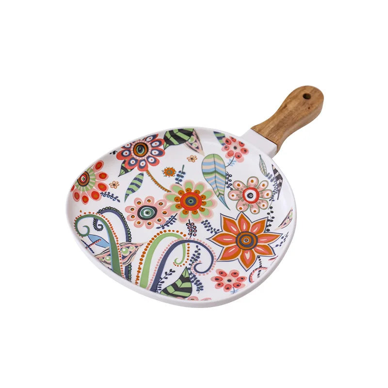 Oval dinner plate high temperature matte glaze acacia wood handle ceramic plate steak plate Western food plate pasta plate