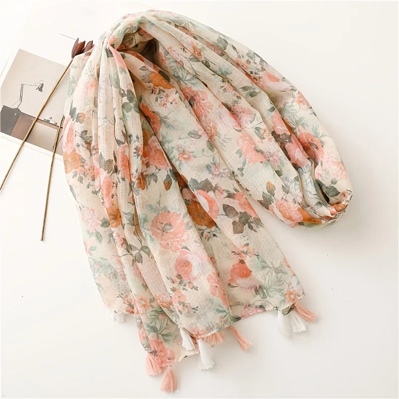 2025 Floral Designer Women Scarf Luxury Cotton Linen Feeling Big Long Scarves Shawl Warm Gauze Wraps Tassel