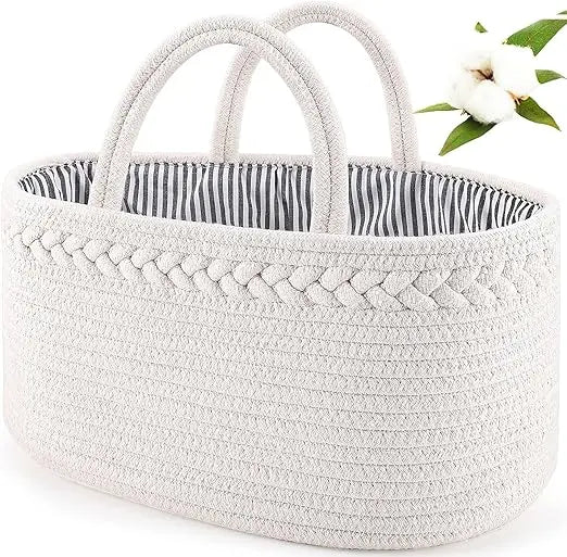 baby diaper caddy, nursery storage bin and car organizer for diapers and baby wipes, cotton rope diaper basket caddy, changing