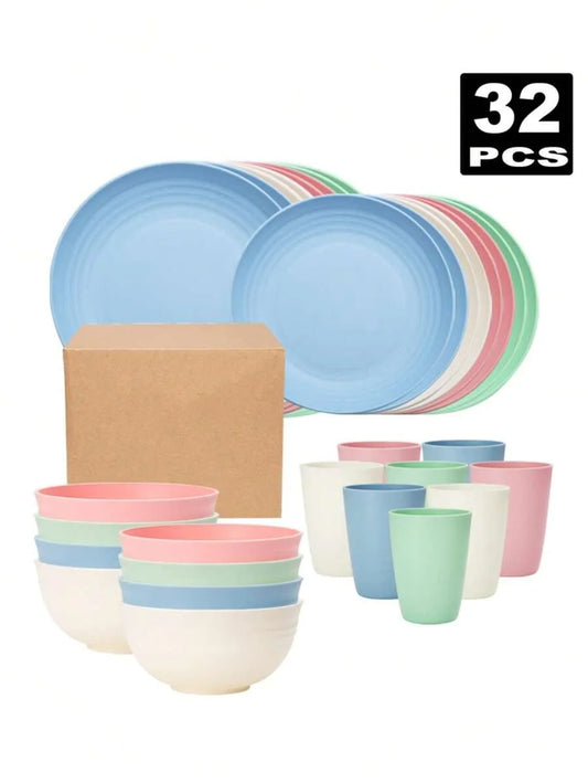 4/16/32pcs Reusable, plastic cutlery set, dinner plate/dessert plate/cereal bowl/cup, for home, birthday party