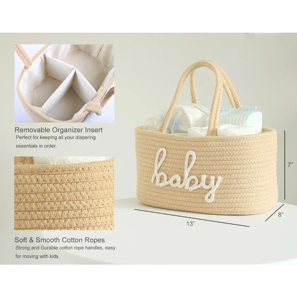 baby diaper caddy organizer, nursery storage bin basket for baby shower and baby wipes- cotton rope portable diaper bag for changing