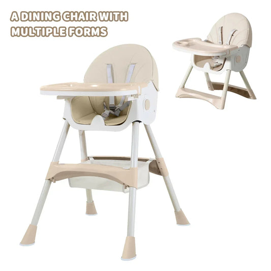 Foldable children's feeding chair, with multi-adjustable backrest, Can switch between high and low, Lightweight baby high chair