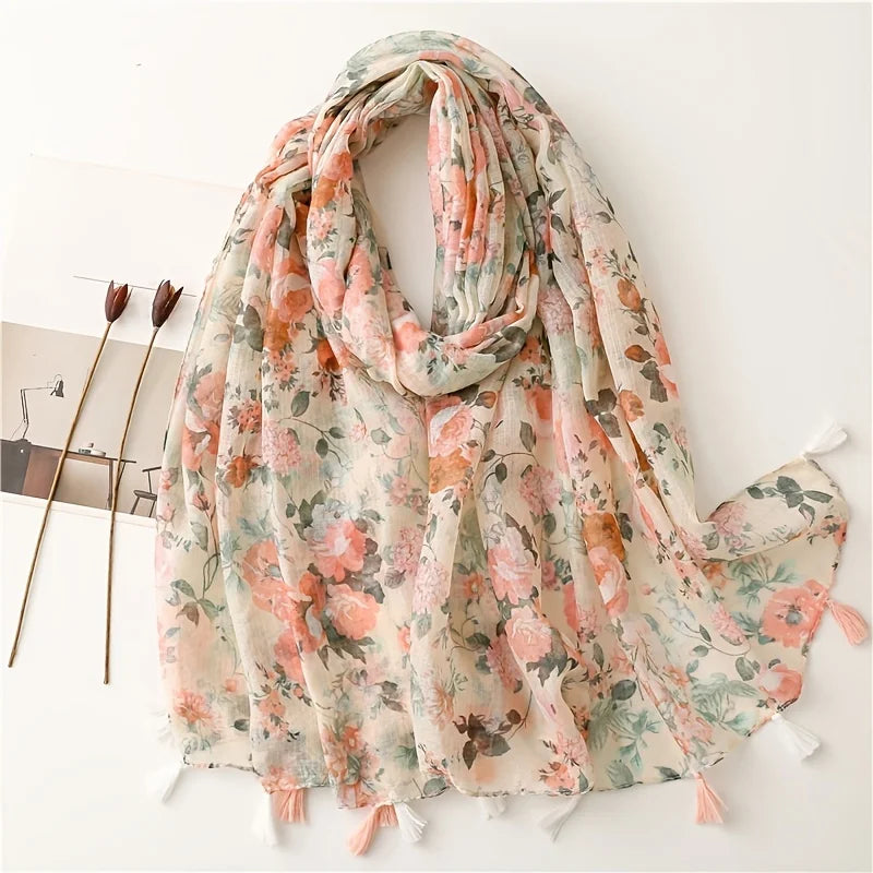 2025 Floral Designer Women Scarf Luxury Cotton Linen Feeling Big Long Scarves Shawl Warm Gauze Wraps Tassel
