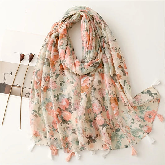 2025 Floral Designer Women Scarf Luxury Cotton Linen Feeling Big Long Scarves Shawl Warm Gauze Wraps Tassel