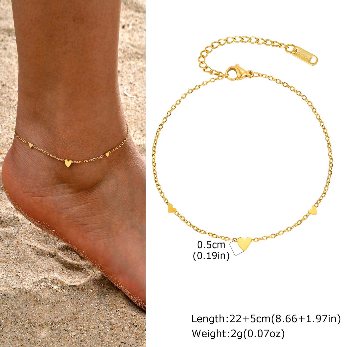 Stainless Steel Heart Anklets for Women, Gold Plated Delicate Anklet Bracelet, Light Luxury Foot Jewelry Party Gifts for Girl