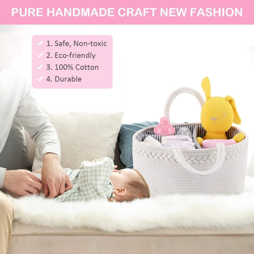 baby diaper caddy, nursery storage bin and car organizer for diapers and baby wipes, cotton rope diaper basket caddy, changing