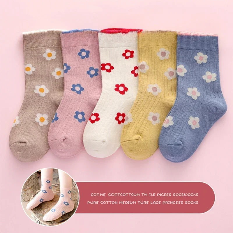 Girls Mid-Calf Socks 1-14 Years Quick-Dry Polyester High Elasticity Anti-Wrinkle Athletic Non-Slip 5Pairs