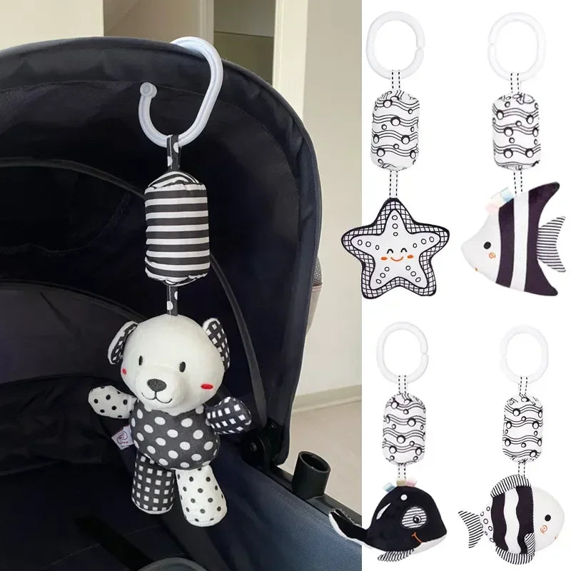 Stroller Bed Hanging Bell Plush Doll Baby Infant Rattles Newborn Black White Visual Grab Ability Training Toys