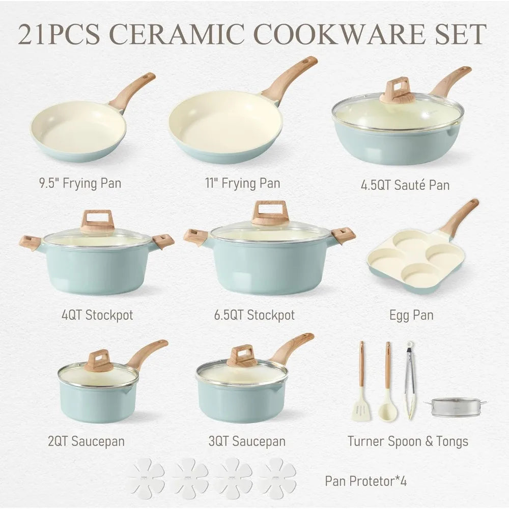 21-Piece Ceramic Pots and Pans Cookware Set, Non Stick Induction Cook Ware Kitchen Cooking Set Non-Toxic Health, PFAS Free
