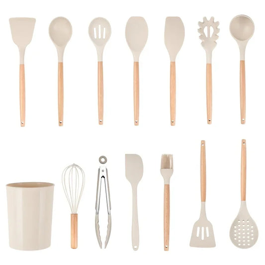 14pcs Kitchen Cooking Utensil Set with Caddy Heat Resistant Silicone Tools Non Stick Cookware Food Safe BPA Free Dishwasher Safe